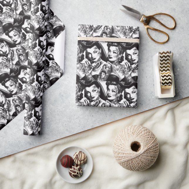 Retro Tattooed Pin-ups Wrapping Paper (Crafts)