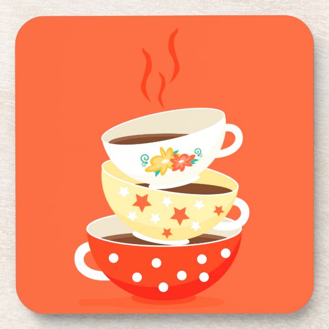 Retro tea vintage tea cups whimsical art coaster (Front)