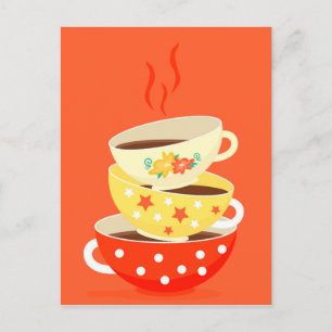 Retro tea vintage tea cups whimsical art postcard