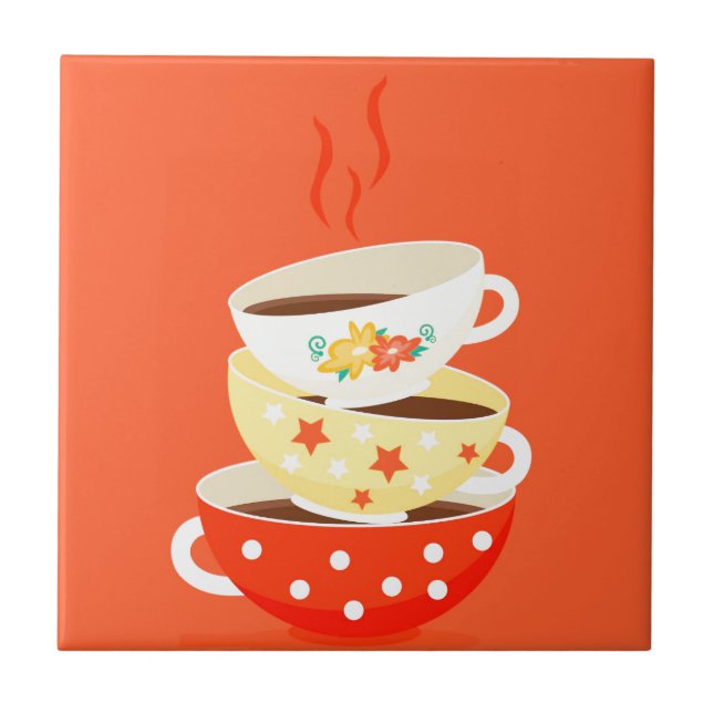 Retro tea vintage tea cups whimsical art tile (Front)