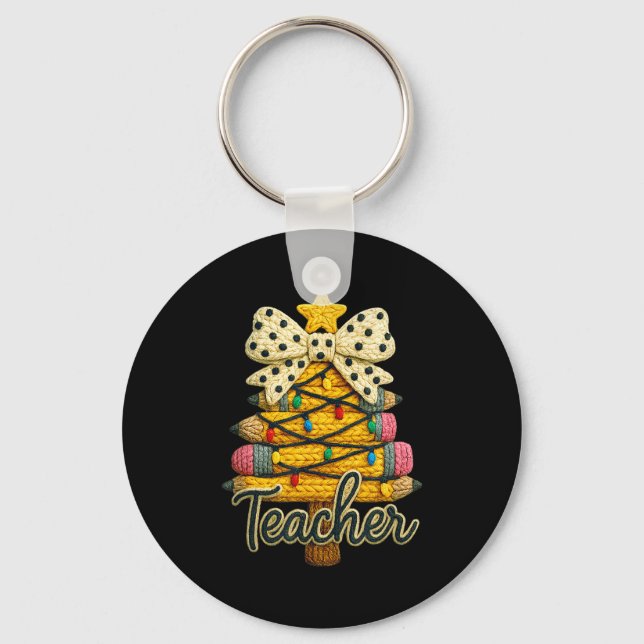 Retro Teacher Christmas, Funny Coquette Bow Gift S Key Ring (Front)