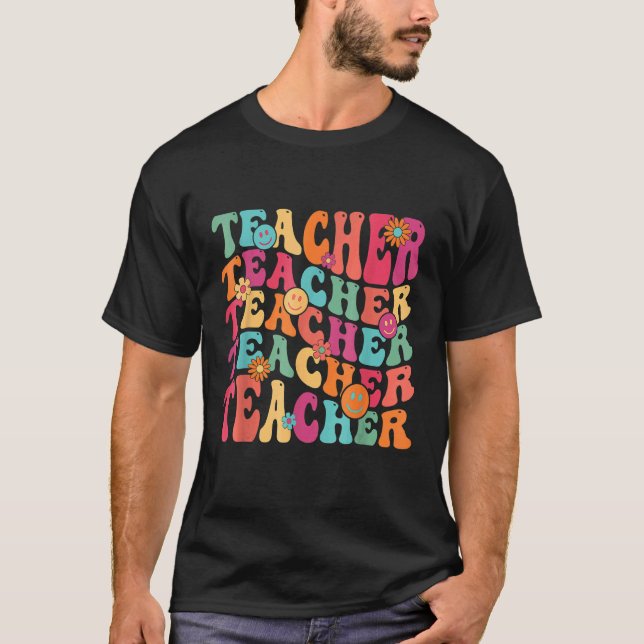 Retro Teacher Daisy Colourful Elementary School Te T-Shirt (Front)