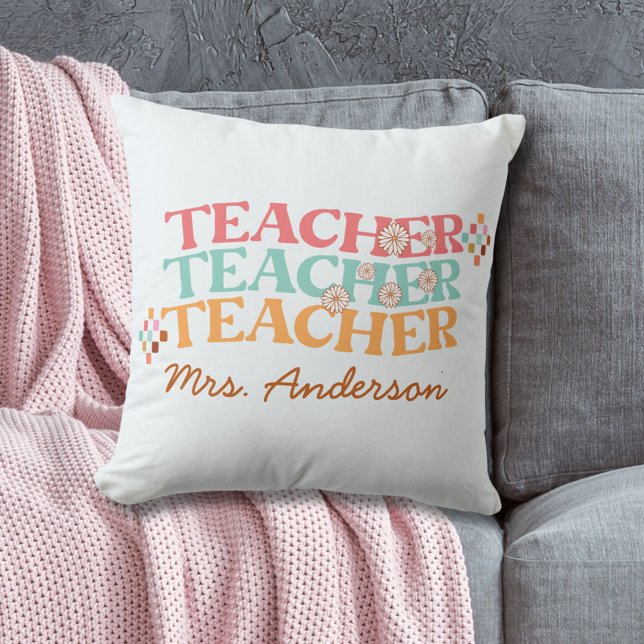 Retro Teacher in Colourful 70s Style Cushion (In situ)