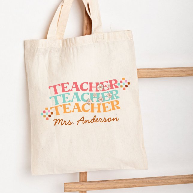 Retro Teacher in Colourful 70s Style Tote Bag (In situ)