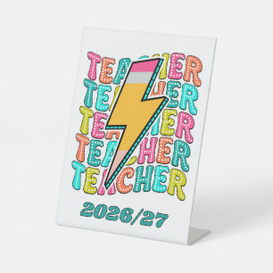 Retro Teacher Pencil Lightning Bolt Back To School Pedestal Sign