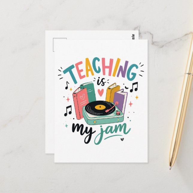 Retro Teaching Is My Jam Vinyl Record Teacher Postcard (Front/Back In Situ)