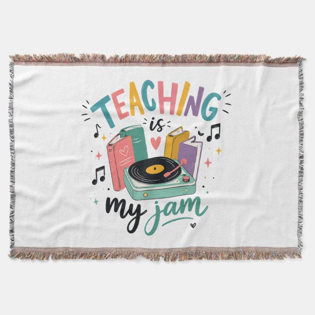Retro Teaching Is My Jam Vinyl Record Teacher Throw Blanket (Front)