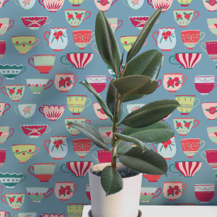 Retro Teacups Teal Wallpaper