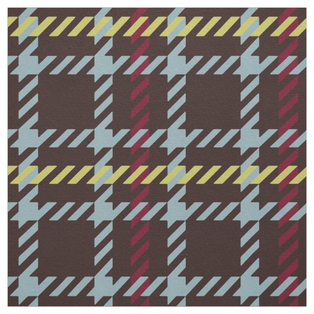 Retro teal and brown houndstooth plaid pattern fabric (Swatch)