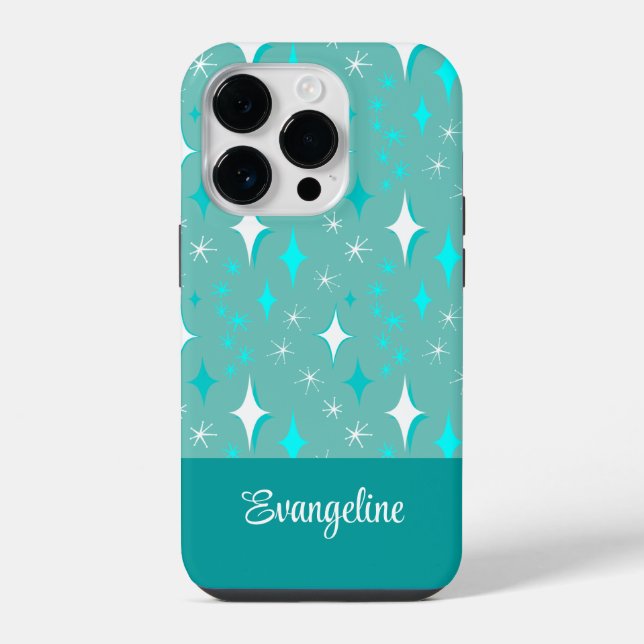 Retro Teal and White Star Pattern Editable iPhone Case (Back)