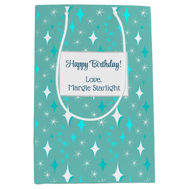 Retro Teal and White Star Pattern Editable Medium Gift Bag (Front)