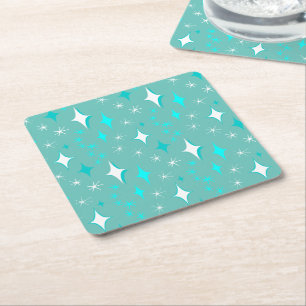Retro Teal and White Star Pattern Square Paper Coaster