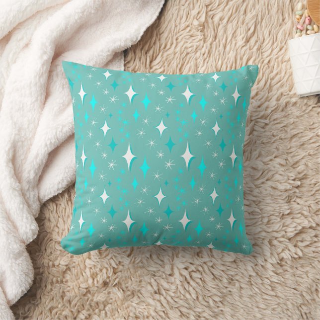 Retro Teal and White Star Pattern Throw Pillow (Blanket)