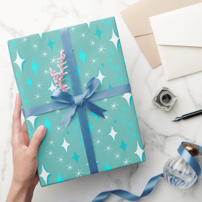 Retro Teal and White Star Pattern Wrapping Paper (Gifting)