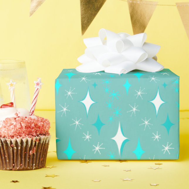 Retro Teal and White Star Pattern Wrapping Paper (Birthday Party)