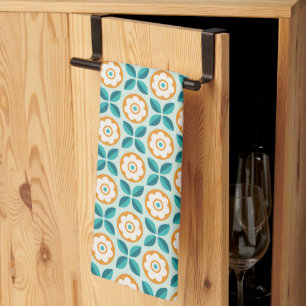Retro Teal Aqua Orange Floral Geometric Pattern Tea Towel