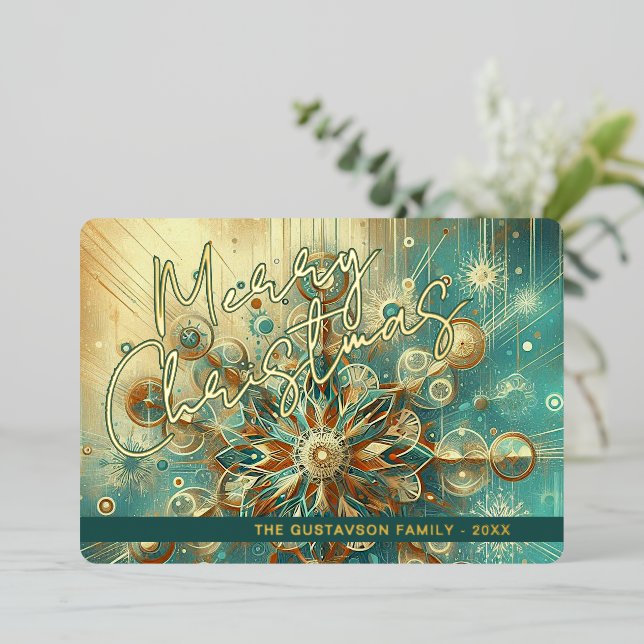 Retro Teal Blue Abstract Snowflake Floral Art Gold (Standing Front)