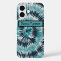 Retro Teal Blue and Black Tie Dye Spiral