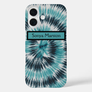 Retro Teal Blue and Black Tie Dye Spiral   iPhone 16 Case