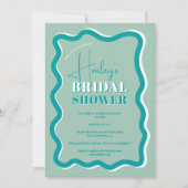 Retro teal blue curve squiggle wavy bridal shower invitation (Front)