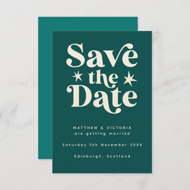 Retro Teal Boho Simple Save the Date Card (Front/Back)