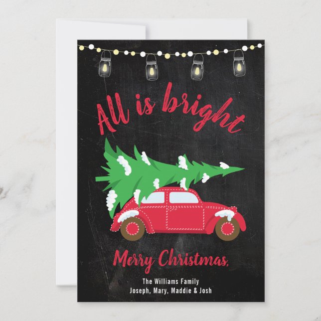 Retro Teal Car Tree & Lights All is Bright Holiday Card (Front)