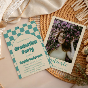 Retro Teal Chequerboard Arch Graduation Party    Invitation