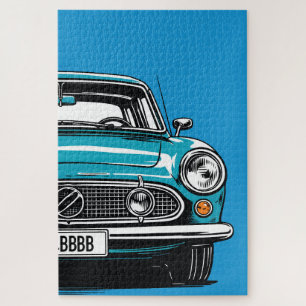 Retro Teal Classic Car Front Pop Art Illustration Jigsaw Puzzle