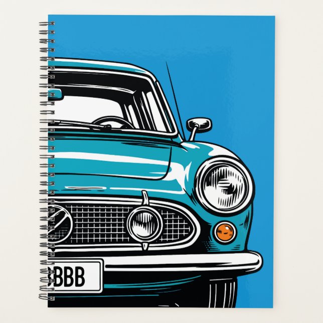 Retro Teal Classic Car Front Pop Art Illustration Planner (Front)