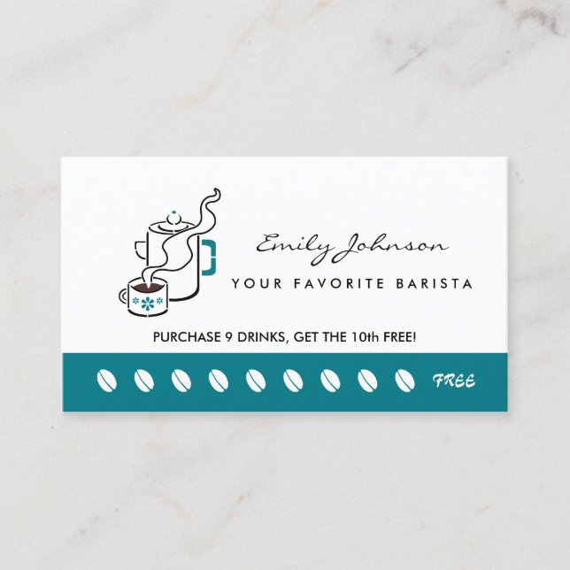 Retro Teal Coffee Pot Barista Loyalty Punch Card (Front)