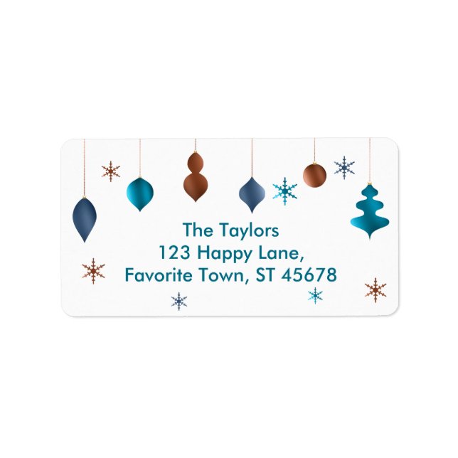 Retro Teal Copper Navy Ornaments and Snowflakes Label (Front)