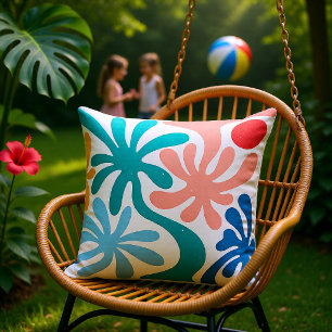 Retro Teal Coral Abstract Tropical Palms Summer Cushion