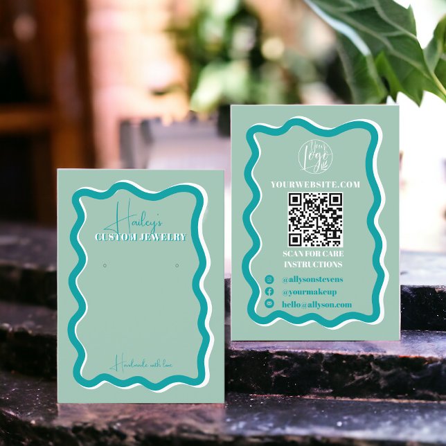 Retro teal curve squiggle wavy jewellery display business card (Retro teal curve squiggle wavy jewelry display business card)