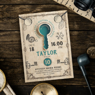 Retro Teal Escape Room Key Mystery Solving Spy Invitation