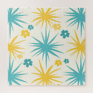 Retro Teal Mustard Floral Burst Jigsaw Puzzle