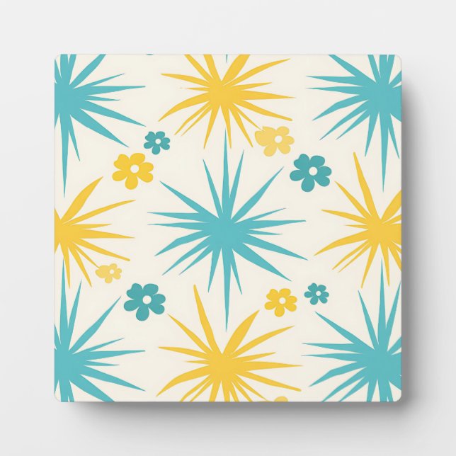 Retro Teal Mustard Floral Burst Plaque (Front)