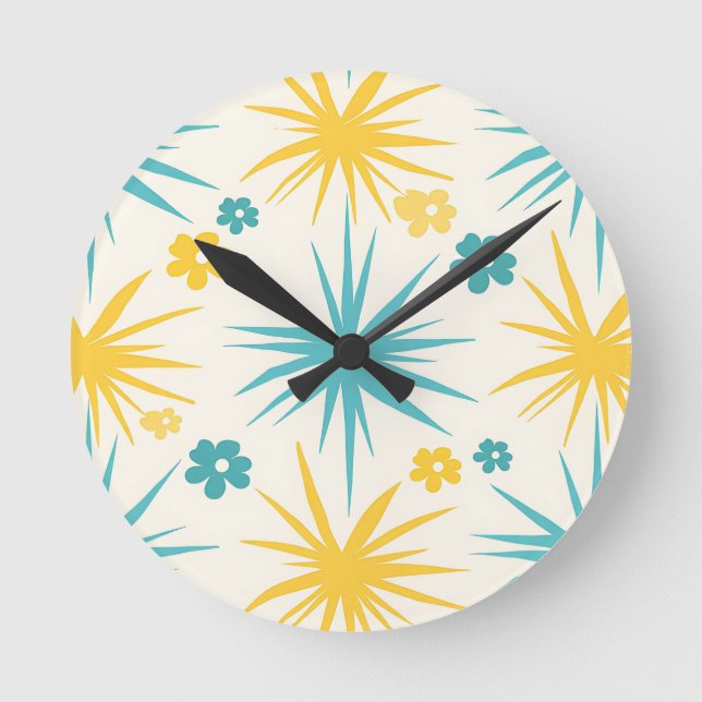 Retro Teal Mustard Floral Burst Round Clock (Front)