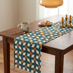 Retro Teal & Orange Floral Grid Table Runner