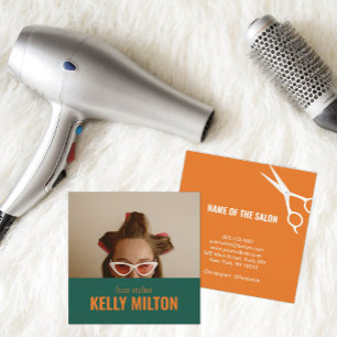 Retro Teal Orange Hair Stylist Photo Square Business Card