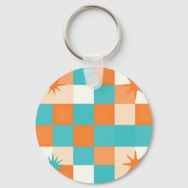 Retro Teal Orange Starburst Checkerboard Key Ring (Front)