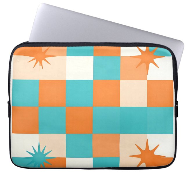Retro Teal Orange Starburst Checkerboard Laptop Sleeve (Front)