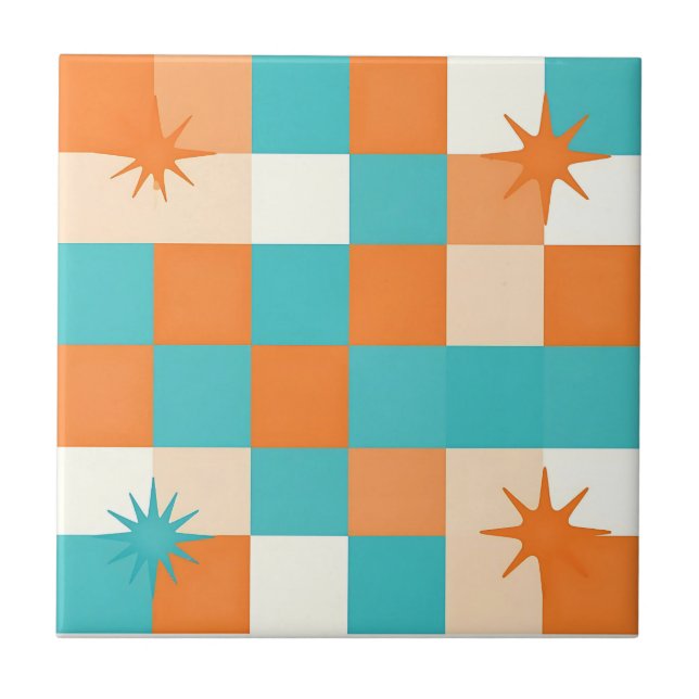Retro Teal Orange Starburst Checkerboard Tile (Front)
