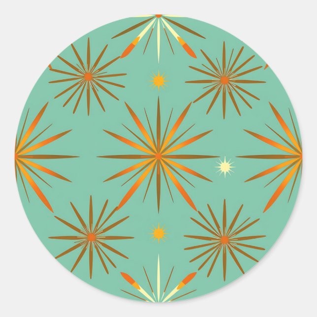 Retro Teal Orange Starburst Pattern Classic Round Sticker (Front)