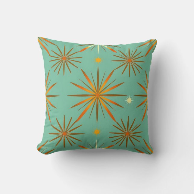 Retro Teal Orange Starburst Pattern Cushion (Front)