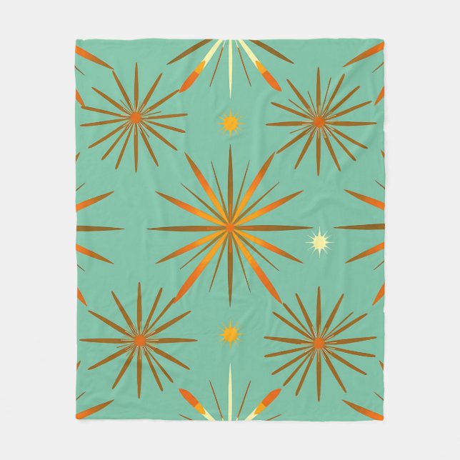 Retro Teal Orange Starburst Pattern Fleece Blanket (Front)