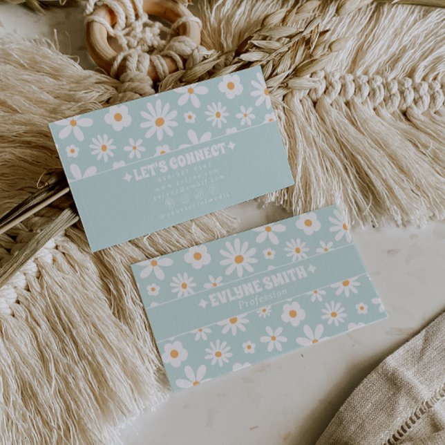 Retro Teal Pastel Groovy Floral Boho Unique 70s  Business Card (Creator Uploaded)