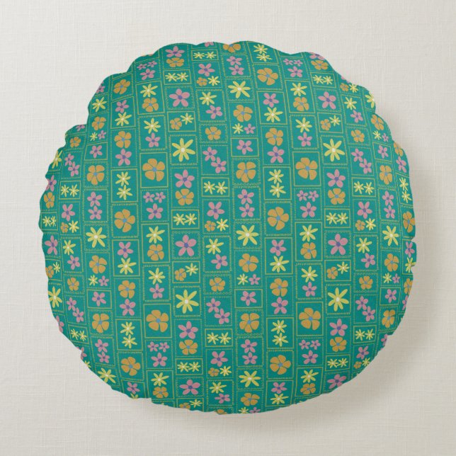 Retro Teal Patchwork Floral 16"  Round Cushion (Front)