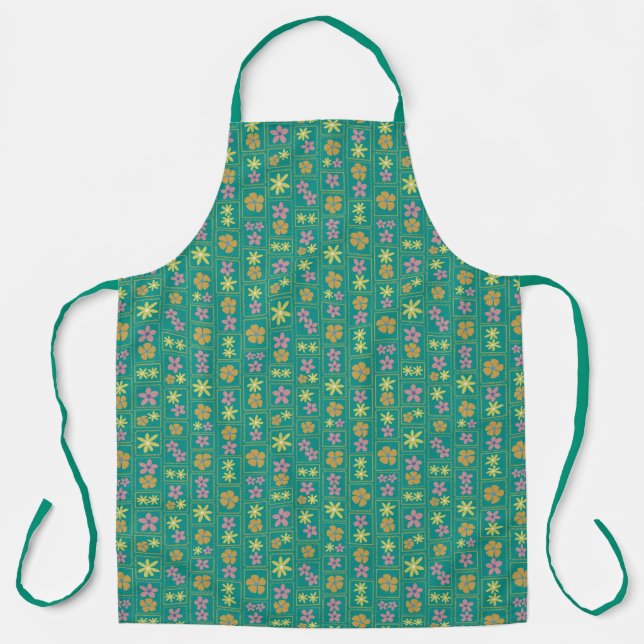 Retro Teal Patchwork Floral Large Apron (Front)