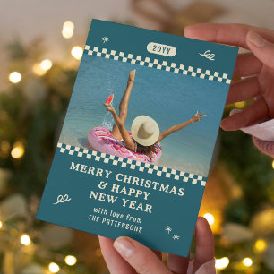 Retro Teal Personalised Christmas Photo Holiday Card