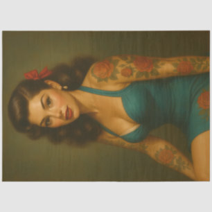 Retro Teal Pin-Up Tattoo Decoupage Tissue Paper